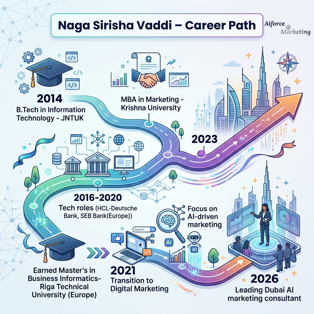 Naga Sirisha Vaddi career path timeline: B.Tech in Information Technology from JNTUK in 2014, MBA in Marketing from Krishna University, tech roles at HCL, Deutsche Bank and SEB Bank from 2016 to 2020, Master's in Business Informatics from Riga Technical University, transition to digital marketing in 2021, and leading Dubai AI marketing consultant by 2026