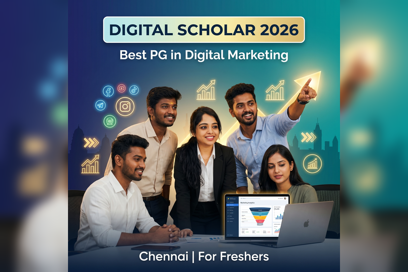 Students working on laptops at the best PG in Digital Marketing in Chennai for Freshers - Digital Scholar Egmore campus