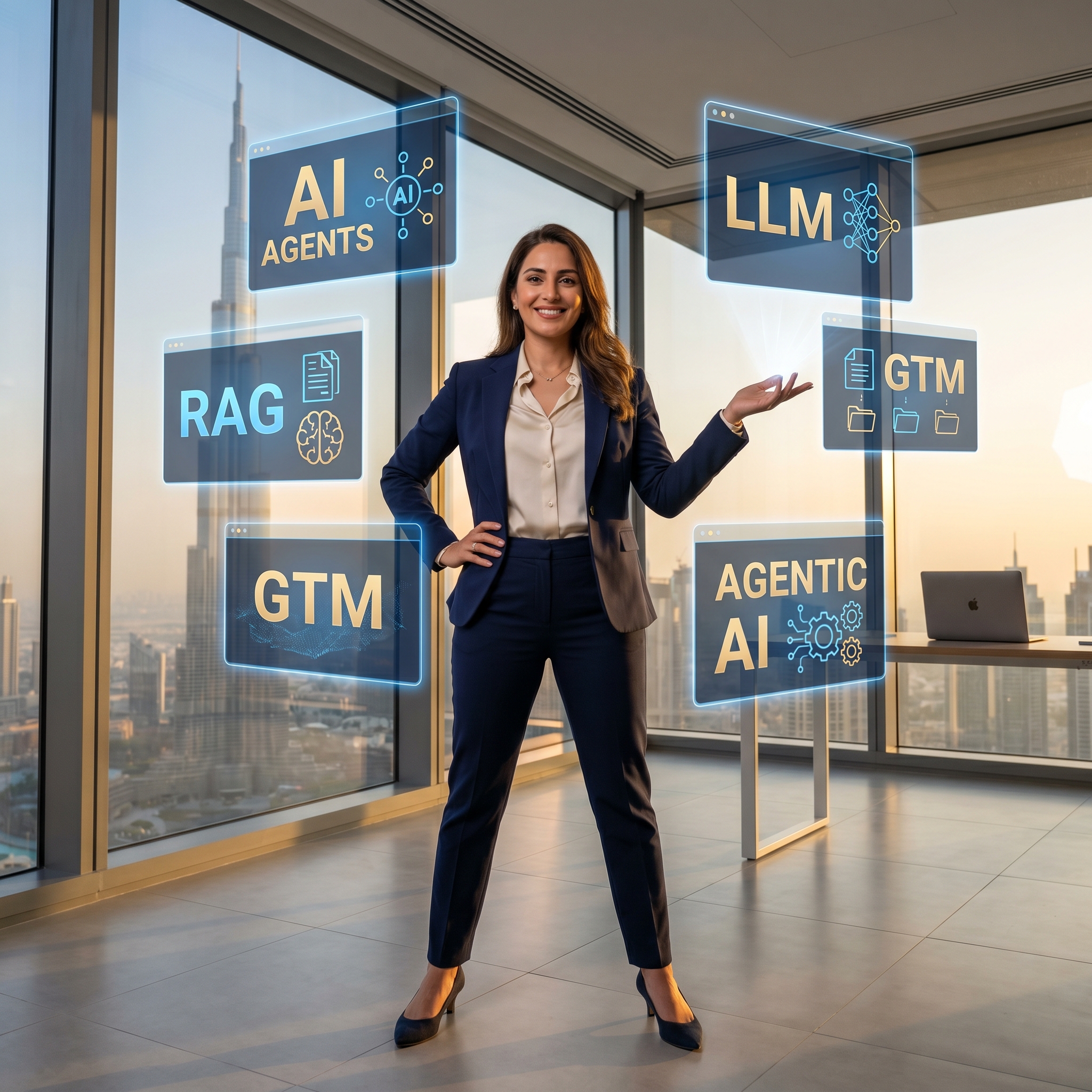 Full stack AI freelance marketer Dubai standing confidently in modern office with AI Agents, LLMs, RAG, GTM and Agentic AI holographic screen